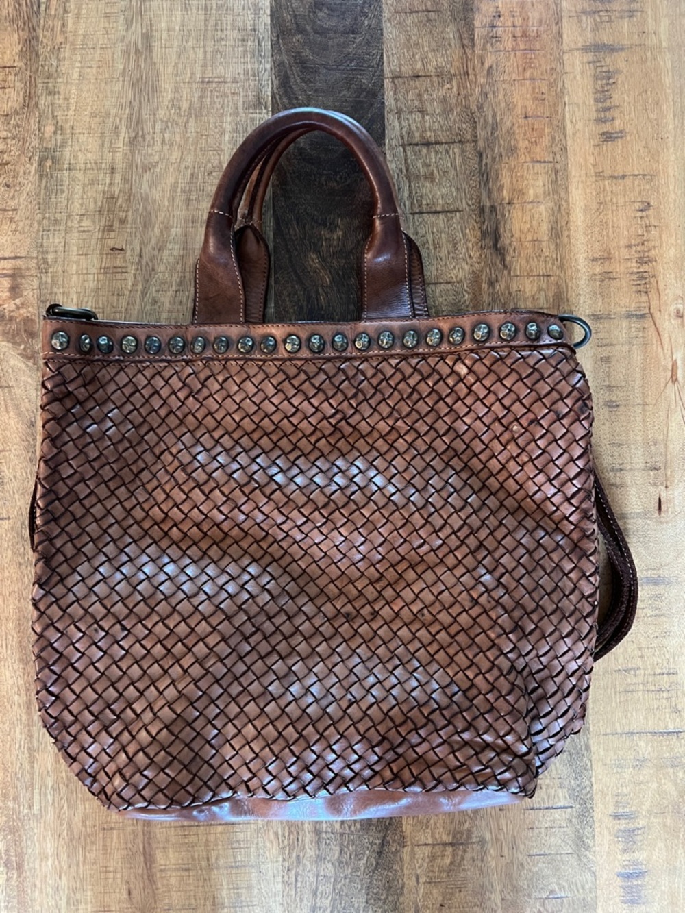 Woven Leather Brown Tote with Stud Accent - Women